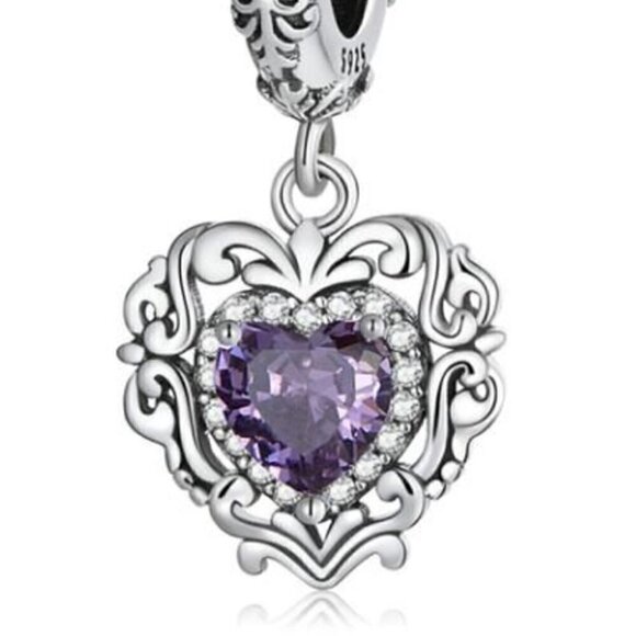 Sterling Silver Purple Heart Scrollwork Dangle Charm - Picture 3 of 4